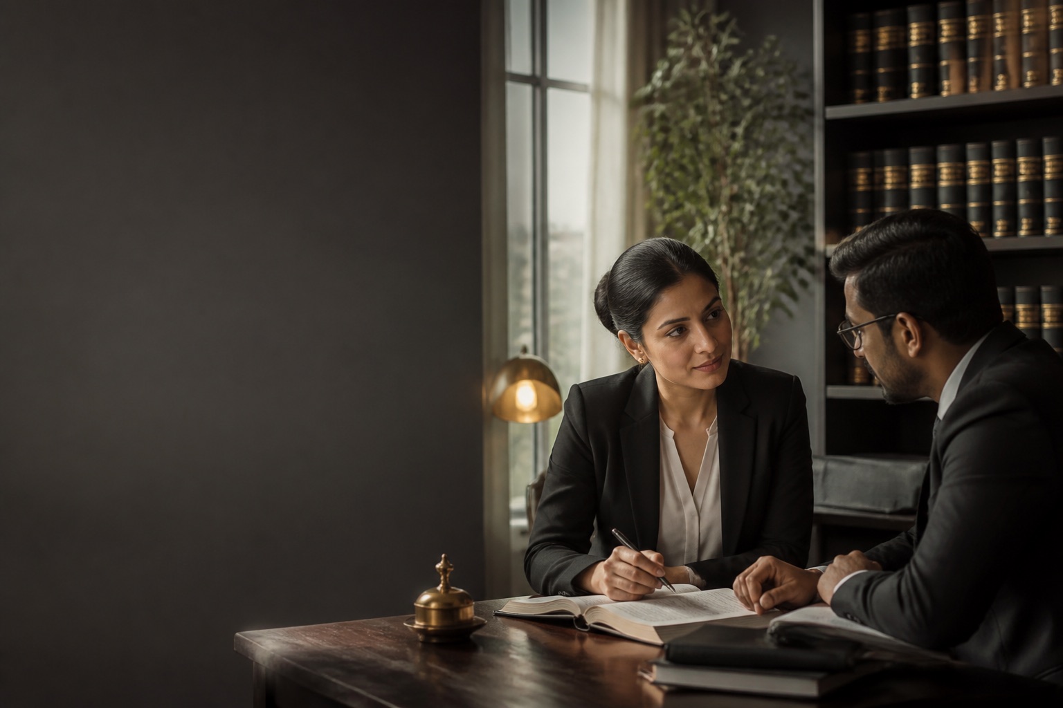 Legal professionals discussing a matter in a quiet office