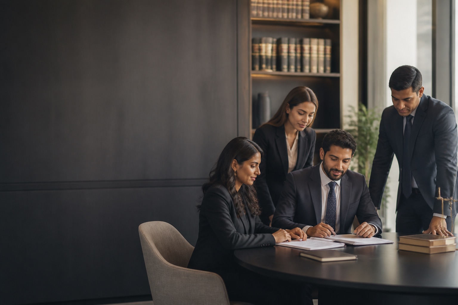 A legal team collaborating around a table in a bright office