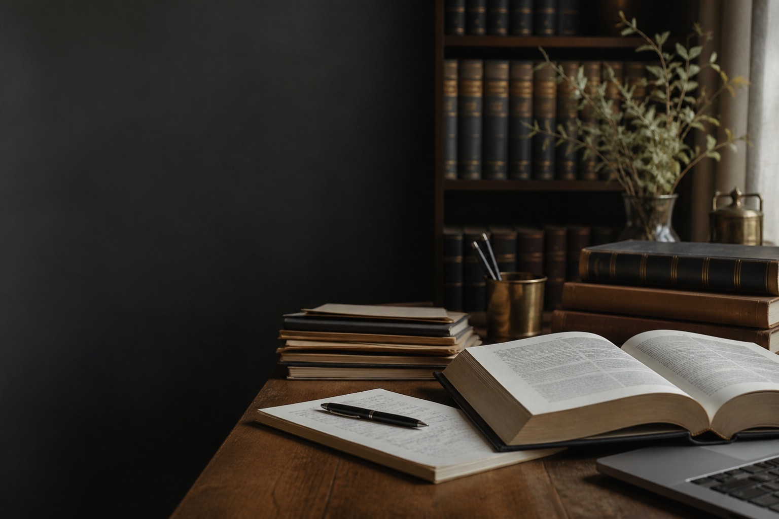 Legal research books and notes arranged on a desk