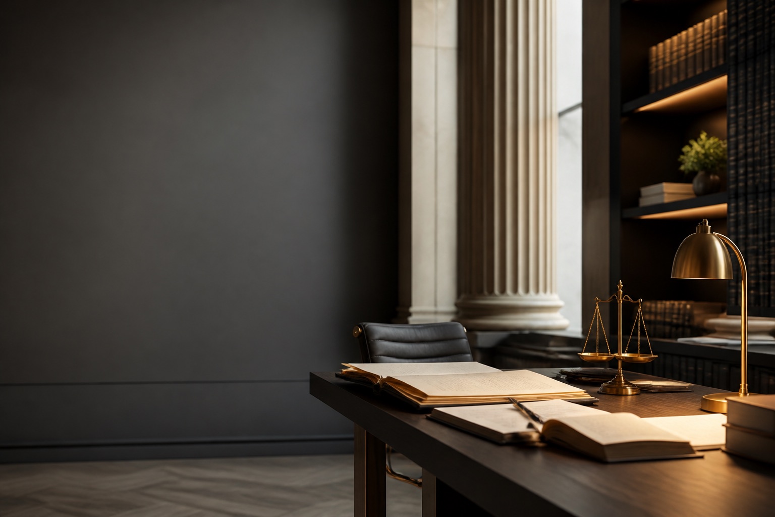 A modern legal office with brass scales and a courthouse-inspired interior